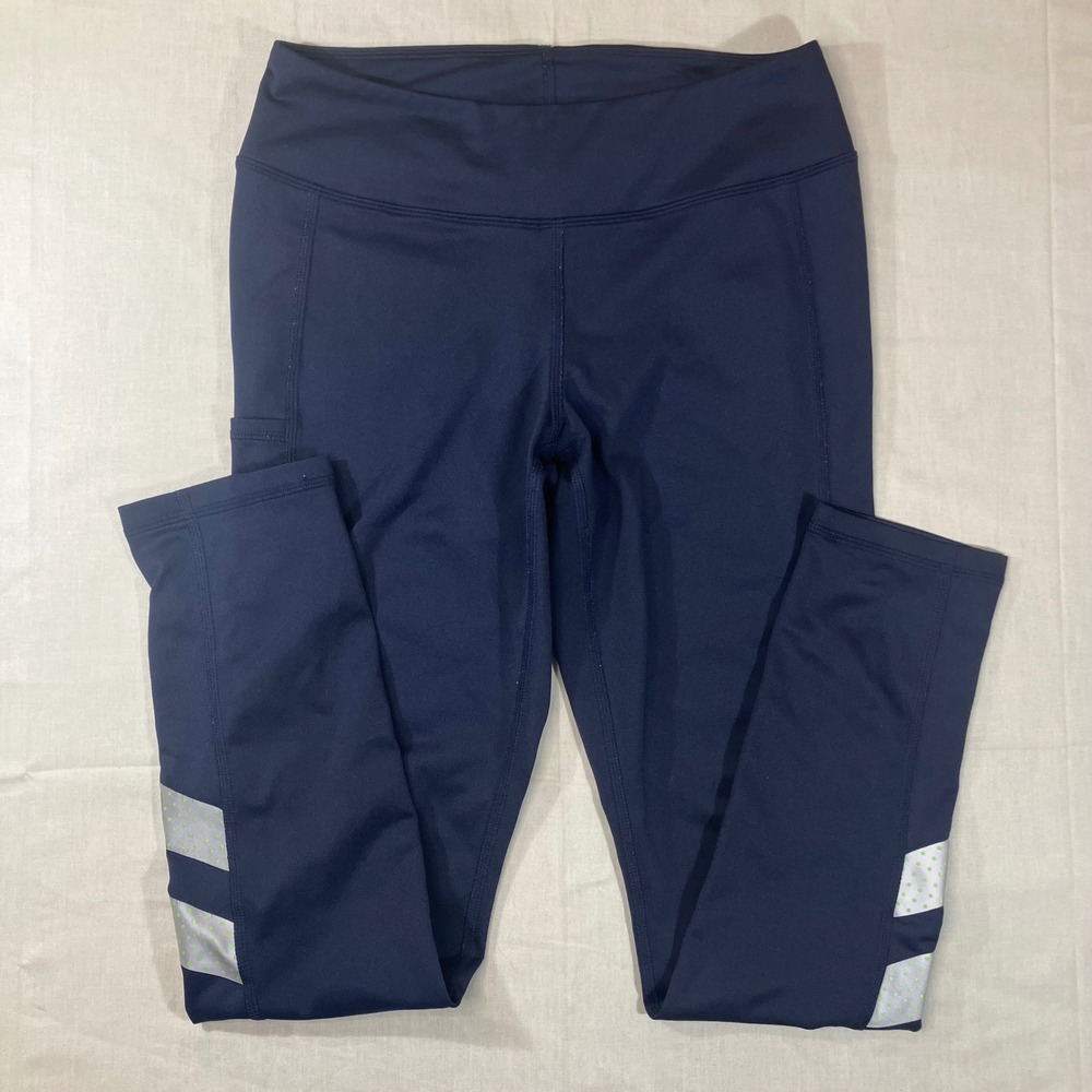 LL Bean Womens Navy Blue Reflective Active Leggings Side Pocket Mid Rise Ankle